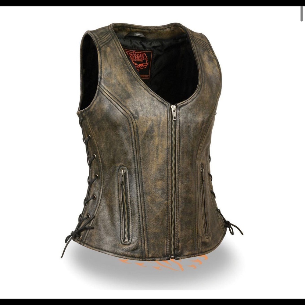 Brown Women's Open Neck Side Lace Front Zipper Leather Vest With Gun Pockets